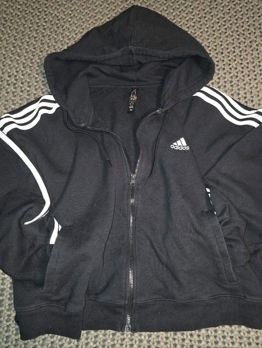 Adidas Black Zip-up Hoodie with White Three-Stripes XL